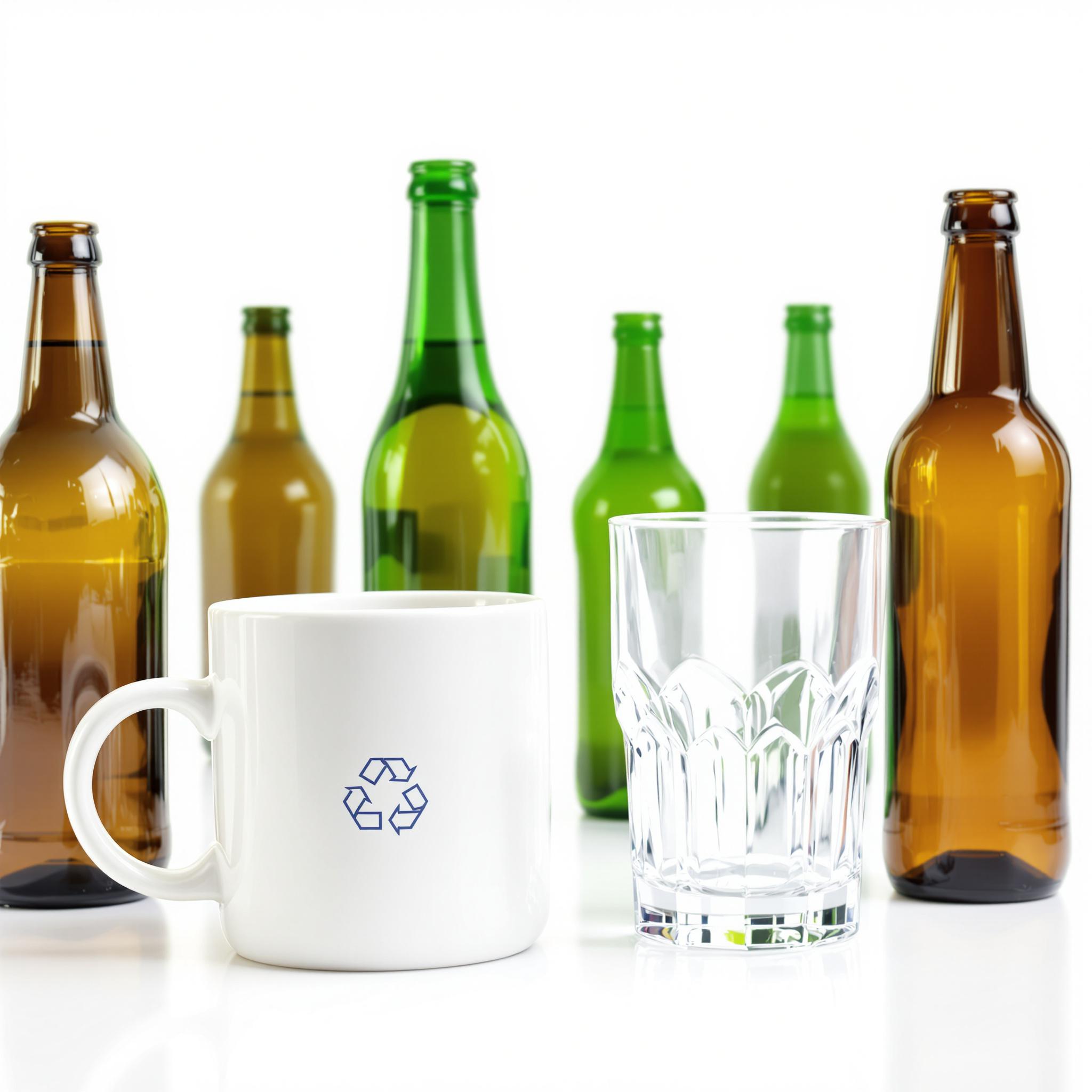 Beispiele für Störstoffe im Altglas: Eine Keramiktasse, ein Trinkglas und eine Glühbirne neben Altglascontainern.