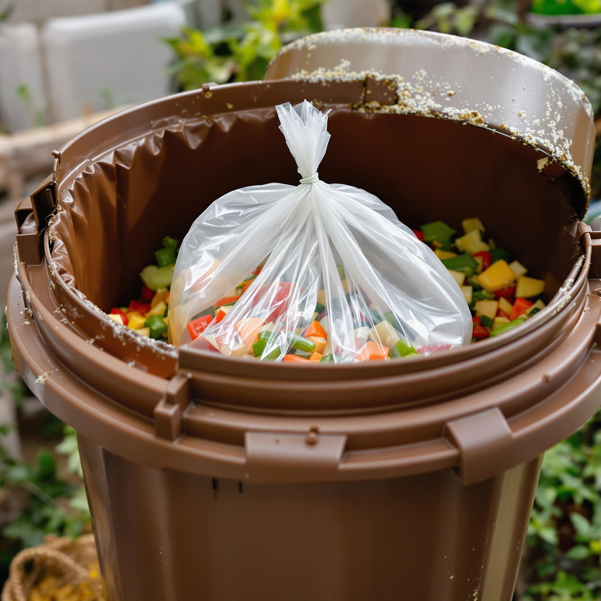 Beispiel für einen Störstoff im Biomüll: Eine Plastiktüte liegt zwischen Gemüseresten in einer Biotonne.