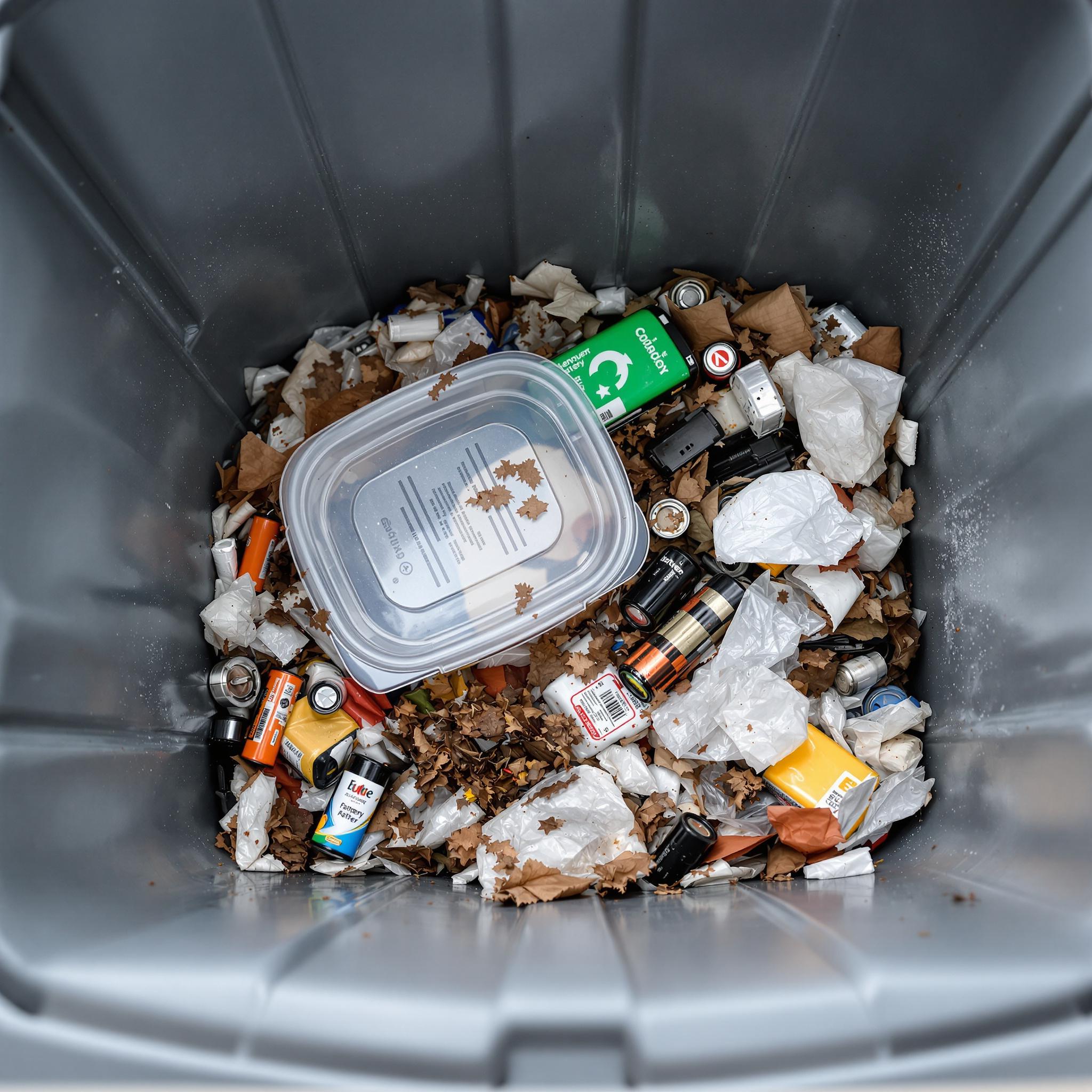 Falsch entsorgte Gegenstände neben einer Restmülltonne: Ein Karton, eine Glasflasche, ein Joghurtbecher und Batterien.