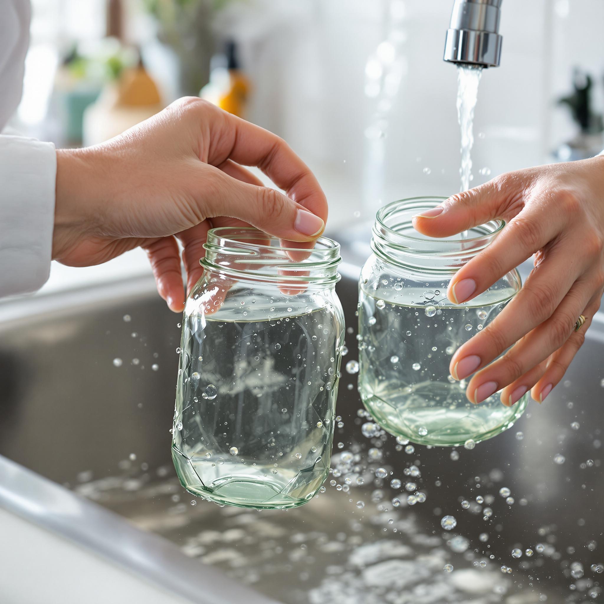 Hände reinigen leere Glasbehälter unter fließendem Wasser in einer Spüle