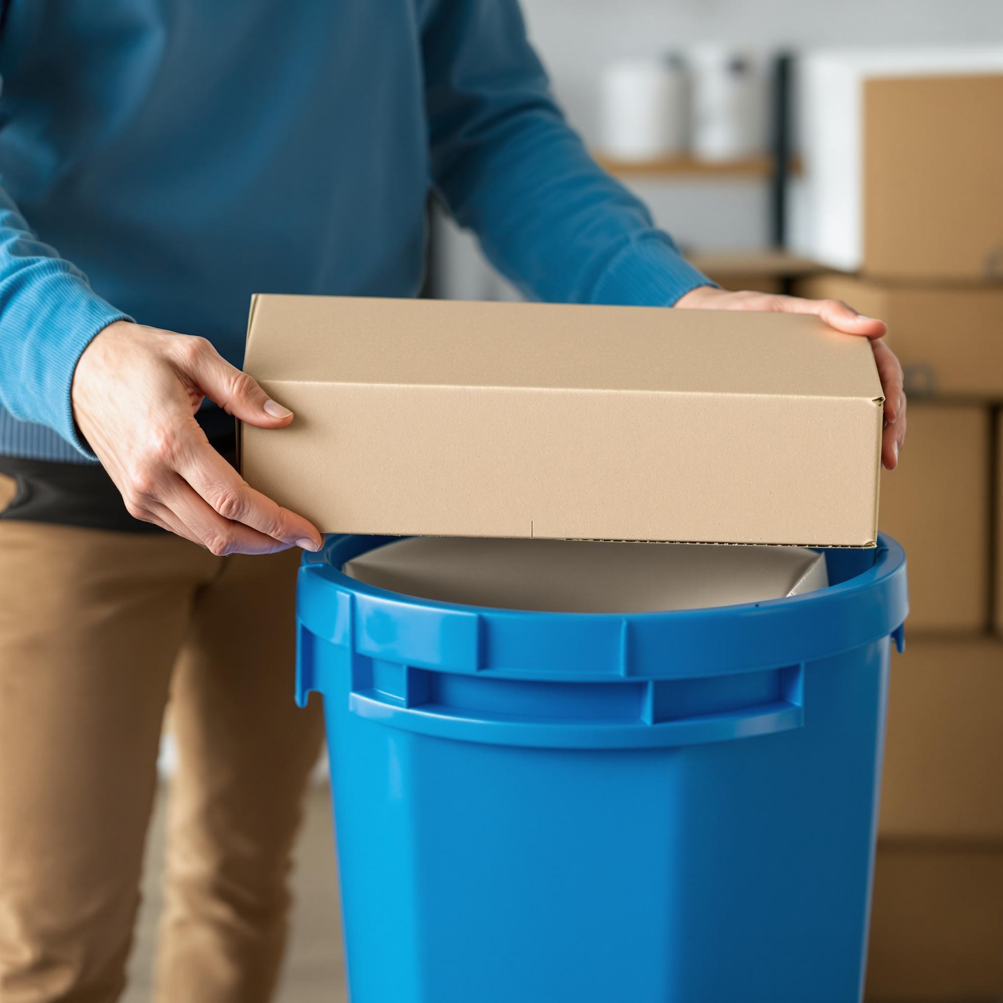 Hände falten einen großen Karton, um ihn platzsparend in die blaue Papiertonne zu legen.