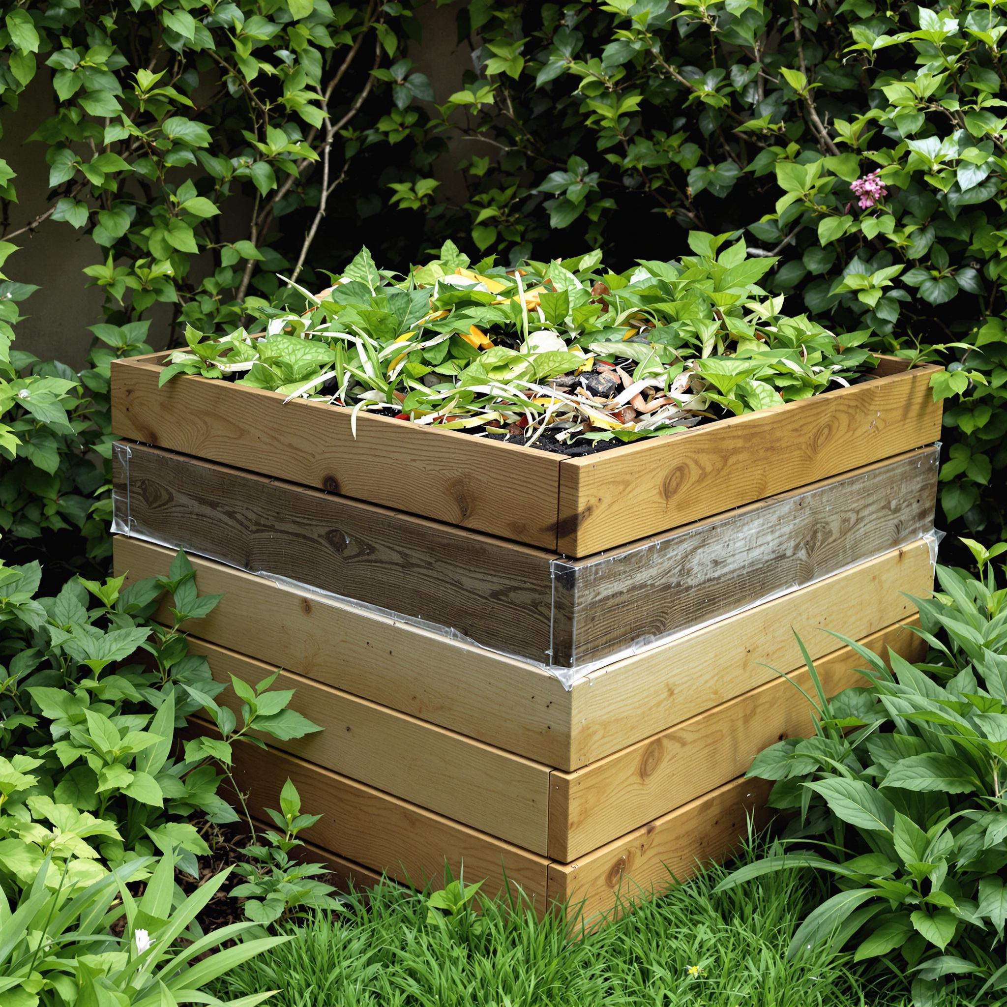 Ein gut gefüllter Kompostbehälter im Garten mit sichtbaren Schichten aus Garten- und Küchenabfällen.