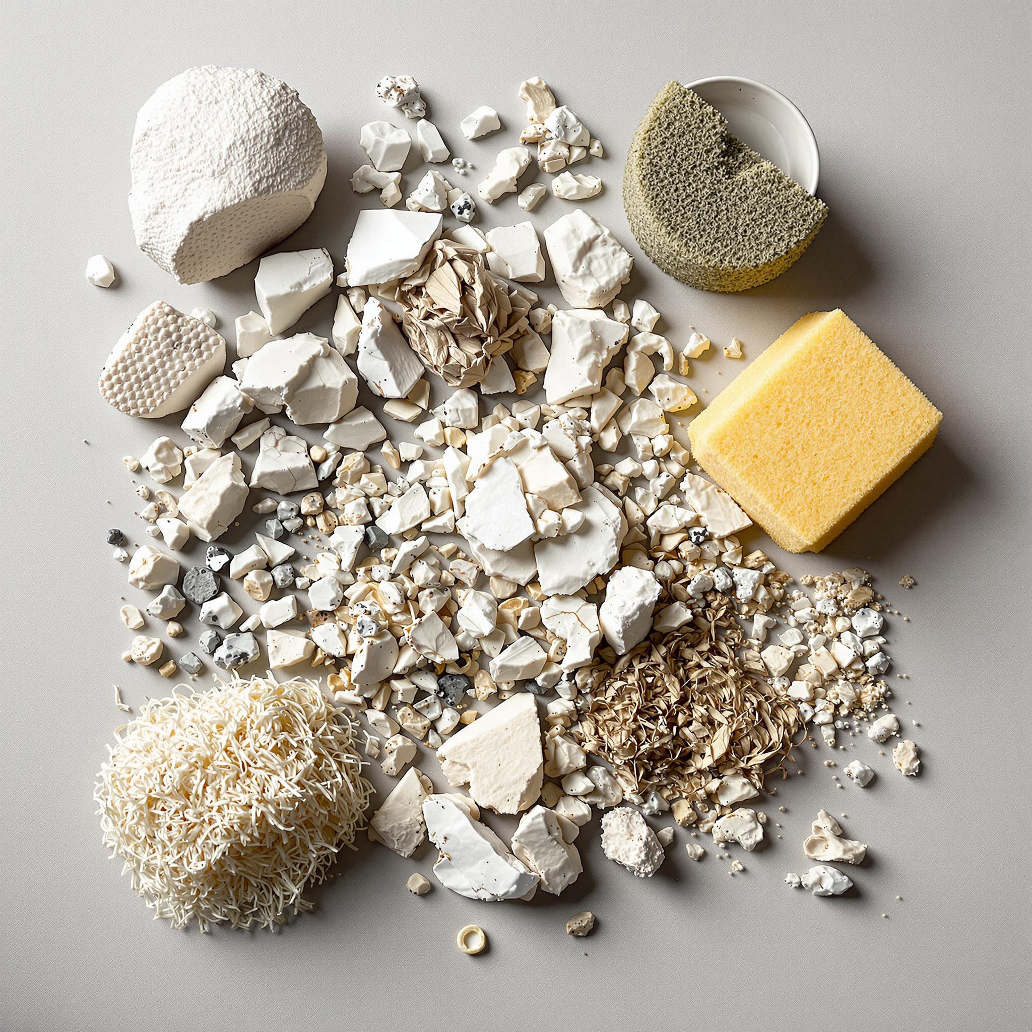 Weitere Restmüll-Beispiele: Zerbrochene Keramik, eine alte Glühbirne, ein Staubsaugerbeutel und kalte Asche.