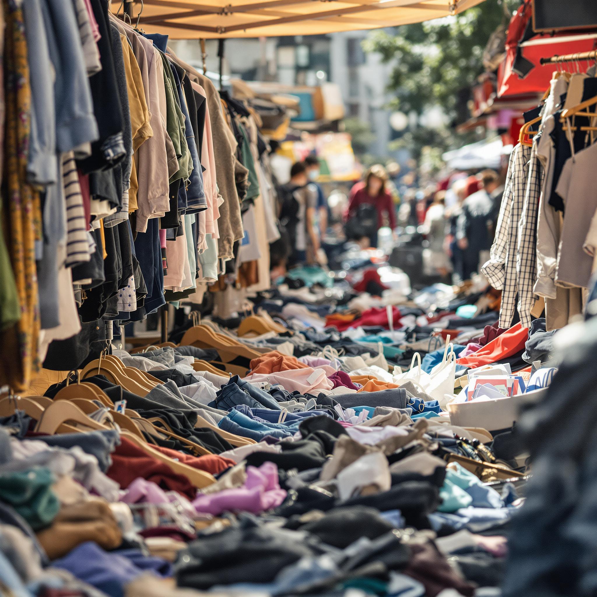 Viele Menschen stöbern an Ständen auf einem sonnigen Flohmarkt.
