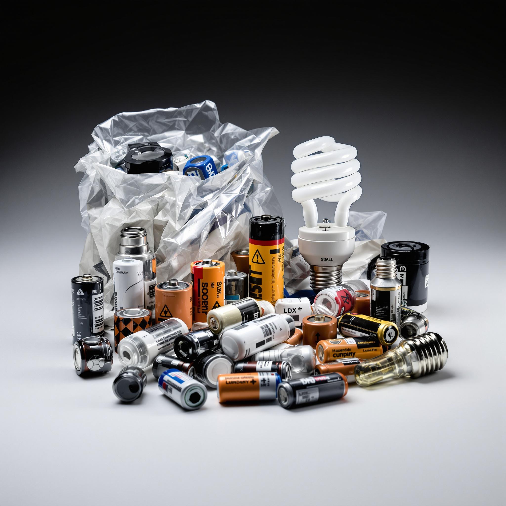 Verschiedene als Sondermüll zu entsorgende Batterien, Akkus und Leuchtmittel (Energiesparlampe, LED, Leuchtstoffröhre).