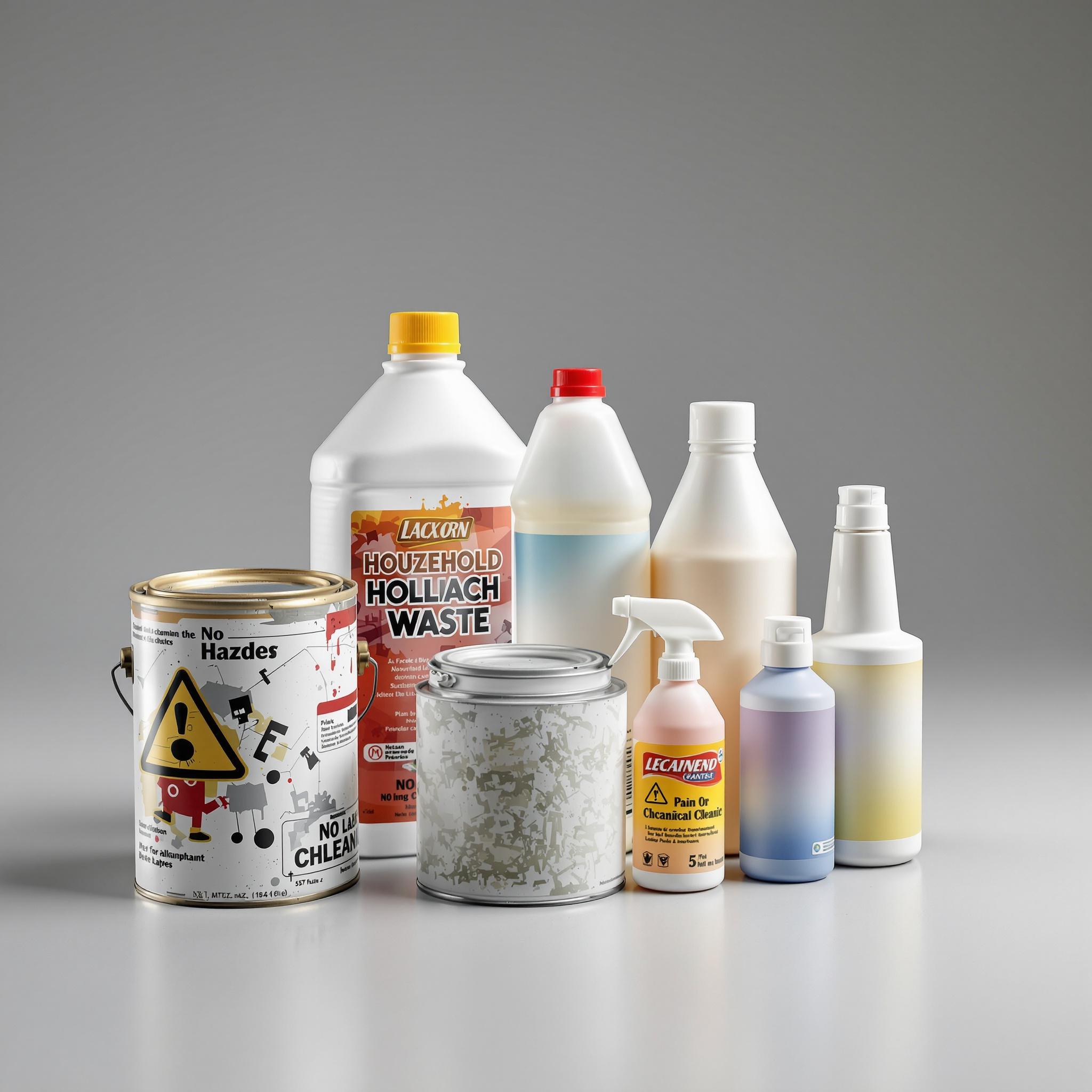 Beispiele für chemischen Sondermüll: Eine alte Farbdose, eine Flasche Reiniger mit Warnsymbol und eine Spraydose.