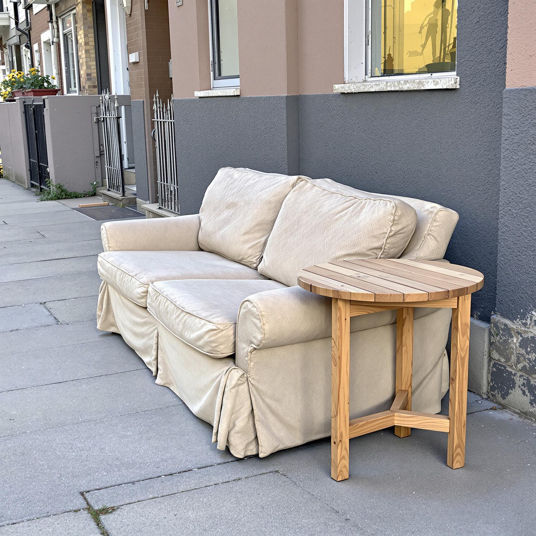 Typischer Sperrmüll am Straßenrand: Ein alter Holzstuhl, ein kleines Regal und ein gerollter Teppich.