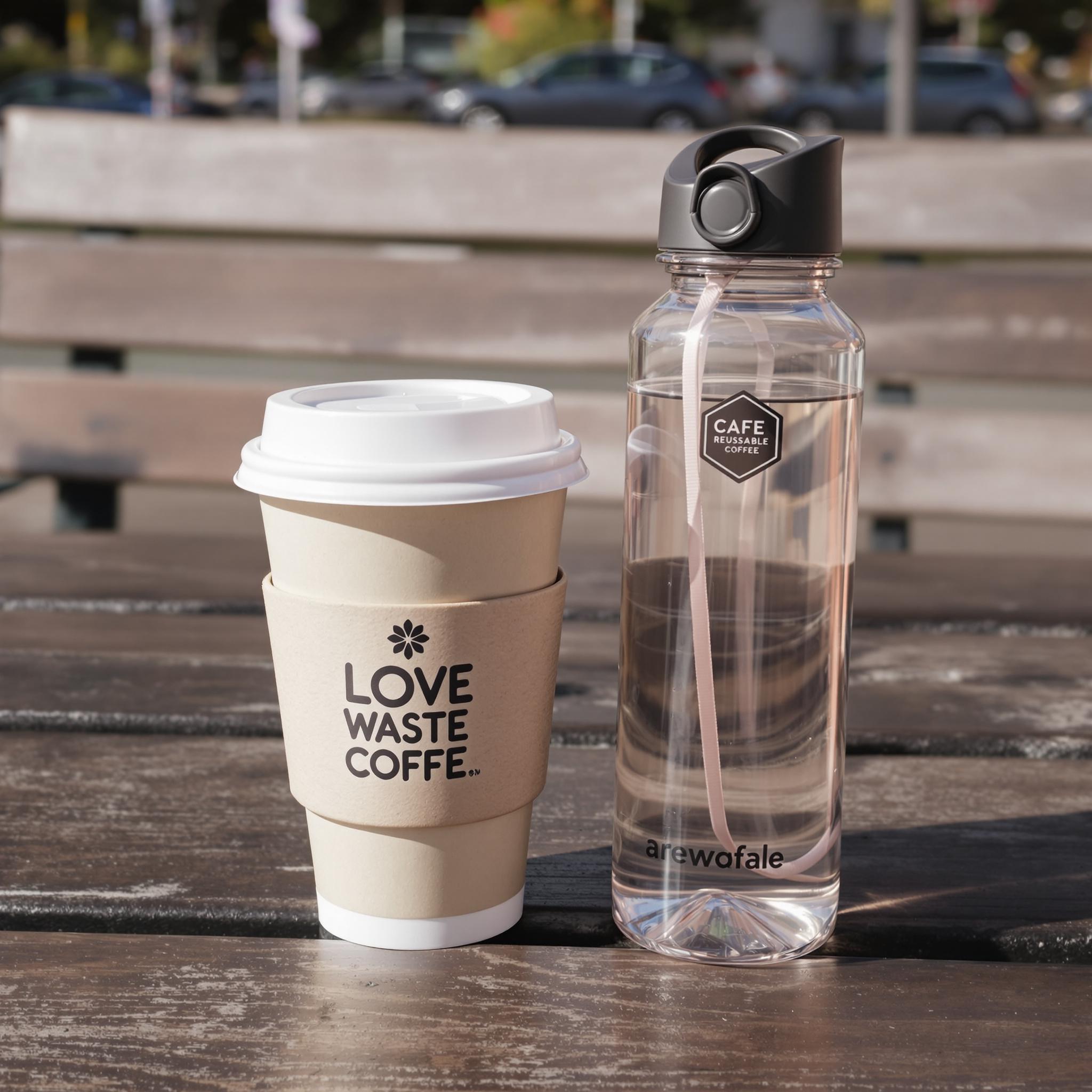 Person hält Mehrweg-Kaffeebecher, daneben eine Lunchbox auf einer Bank.