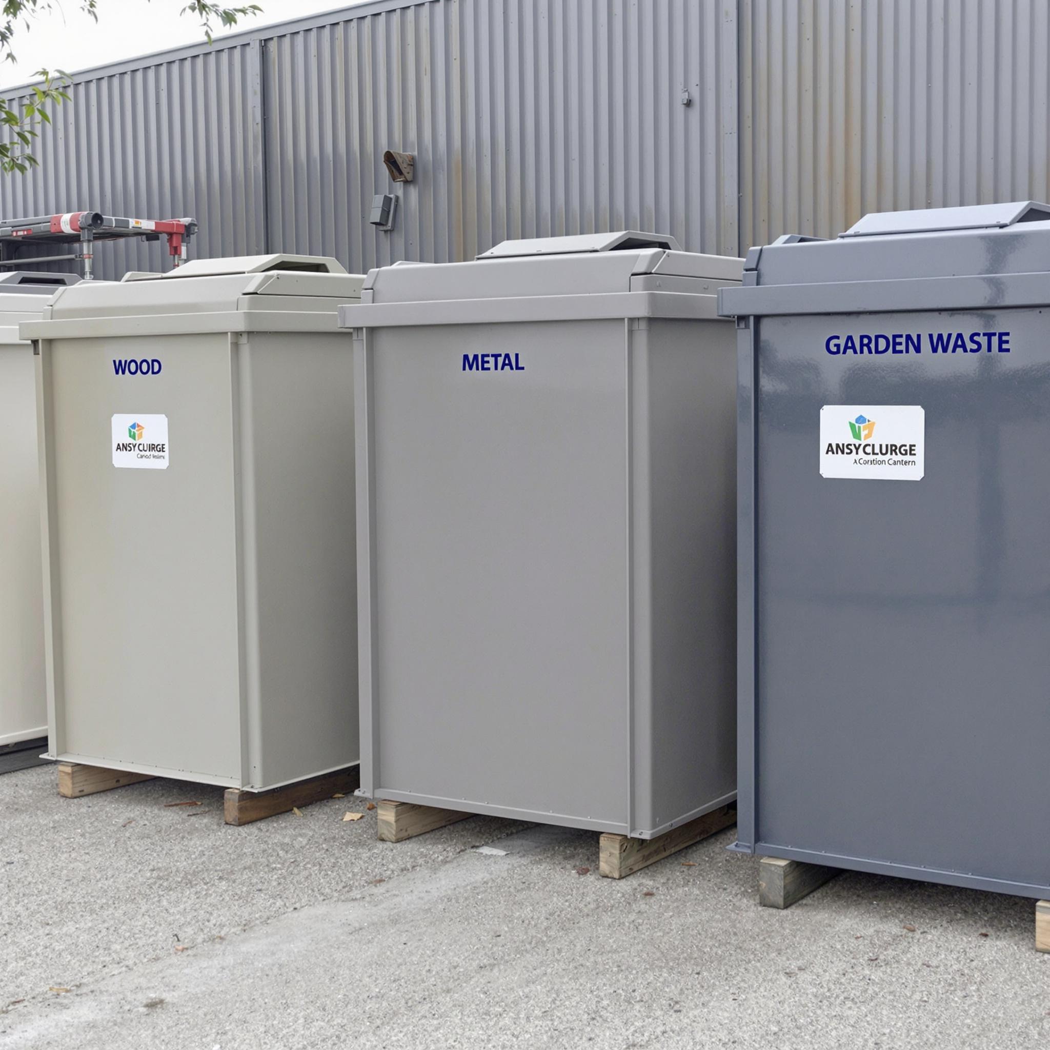 Verschiedene beschriftete Container auf einem Wertstoffhof für Bauschutt, Grünabfall und Altholz.